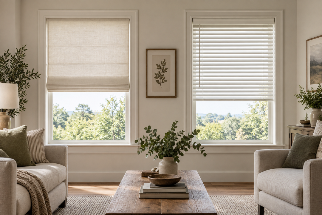 Roman shade and horizontal blinds displayed on adjacent living room windows