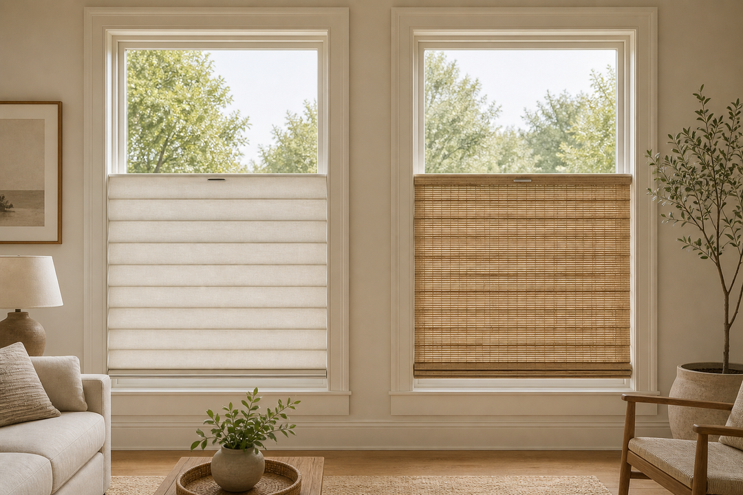 Top-down bottom-up Roman and bamboo shades compared in a neutral living room