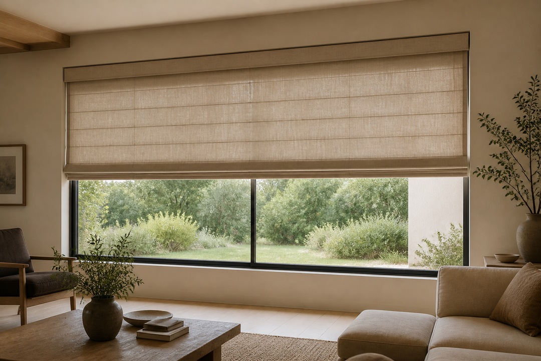 Wide linen Roman shade installed across a large living room window